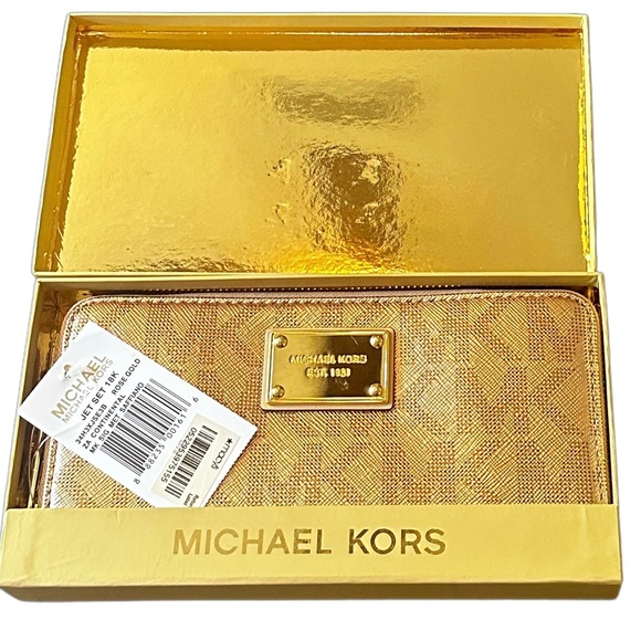MICHAEL MICHAEL KORS JET SET 18K ROSE GOLD WALLET MK SIG MET SAFFIANO NWT - Picture 3 of 7